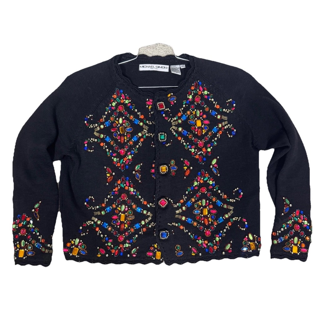 VTG Michael Simon Heavily‎ Beaded Crystal Button Up Cardigan Sweater Size 2 Or S